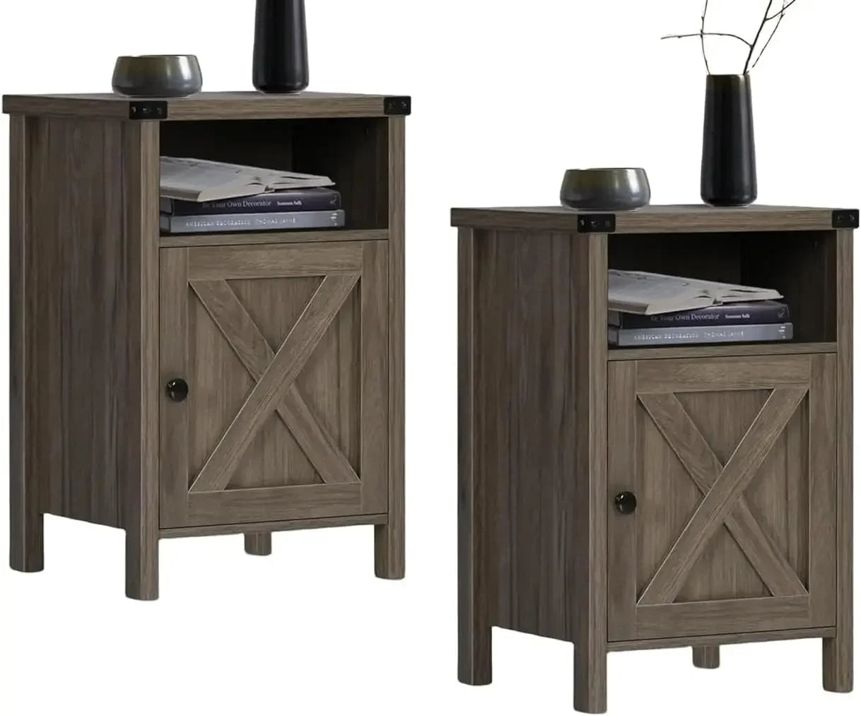Set of 2 Nightstands with Barn Door