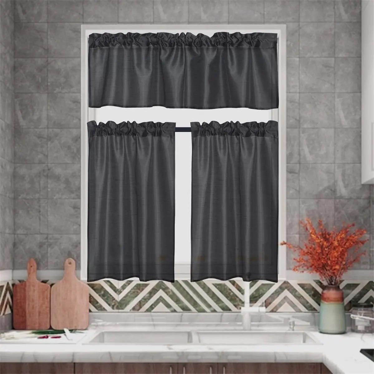 3 Pc Gold Rod Pocket Sheer Curtains