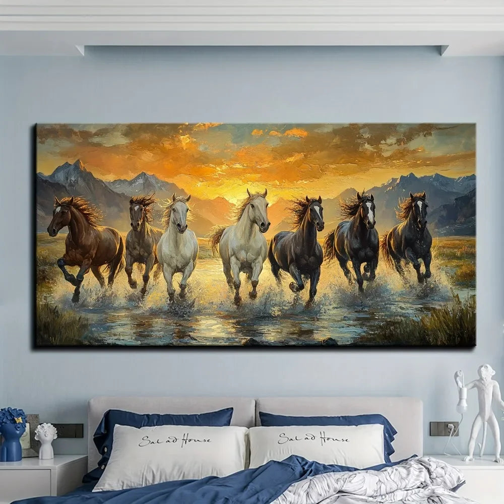Seven horse wall art w/pine frame