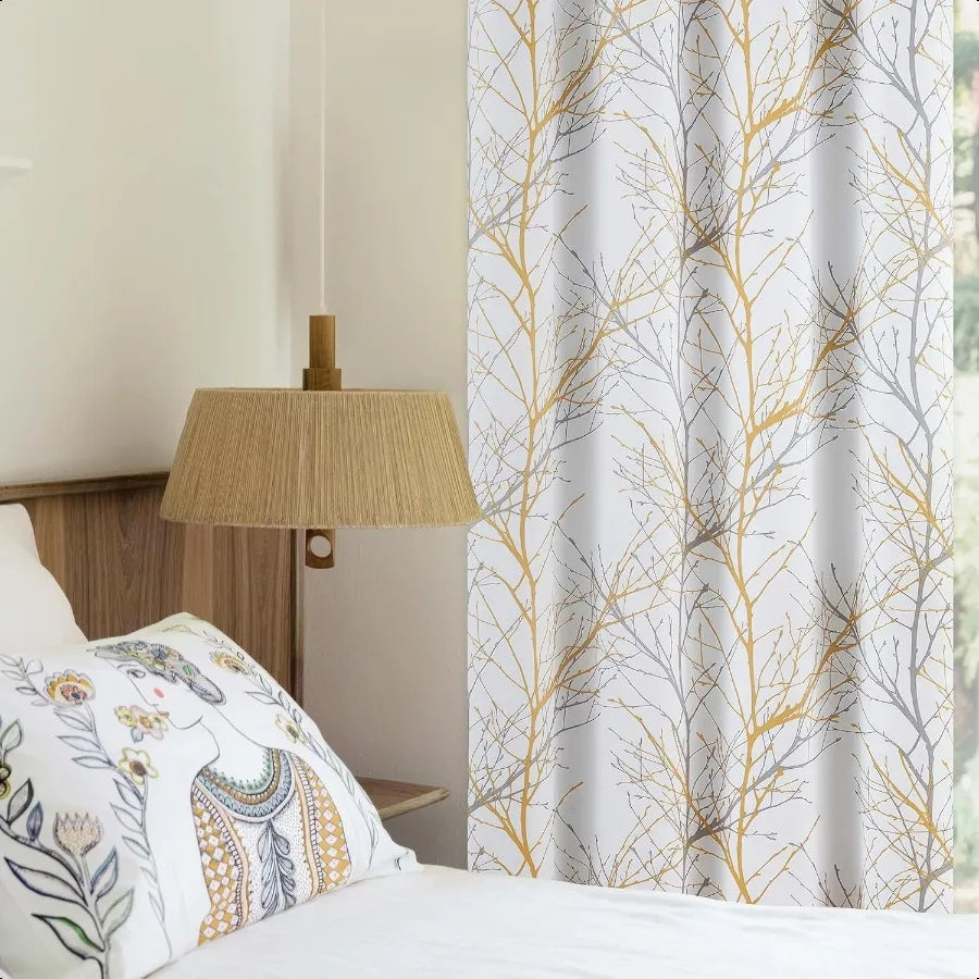 Blackout Yellow on White Tree Curtains