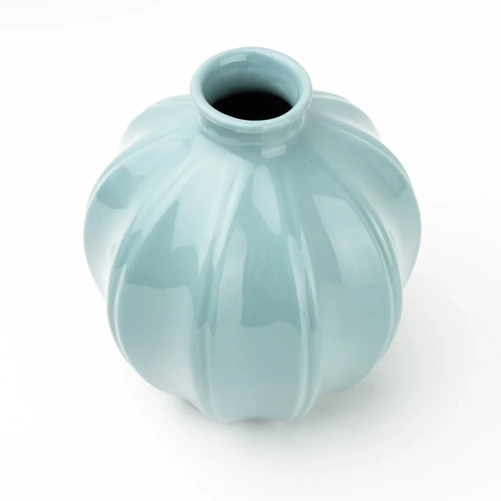 Blue Ceramic Oval Vase Ribbed