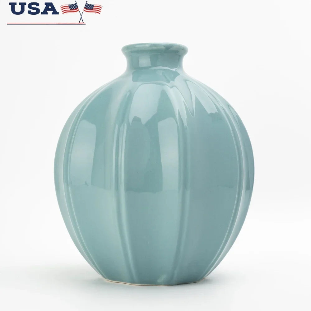 Blue Ceramic Oval Vase Ribbed