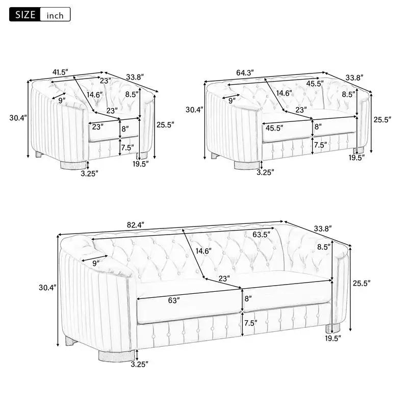 3-Pc Sofa Set w/Wood Legs