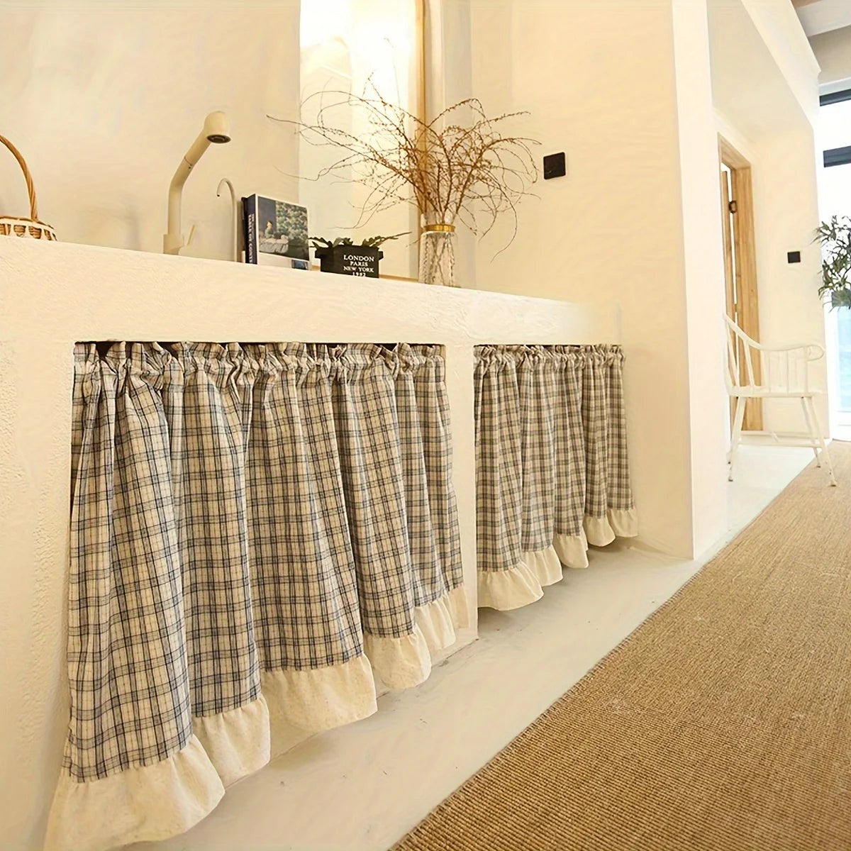 1Pc Linen Ruffled Short Curtain w/Rod