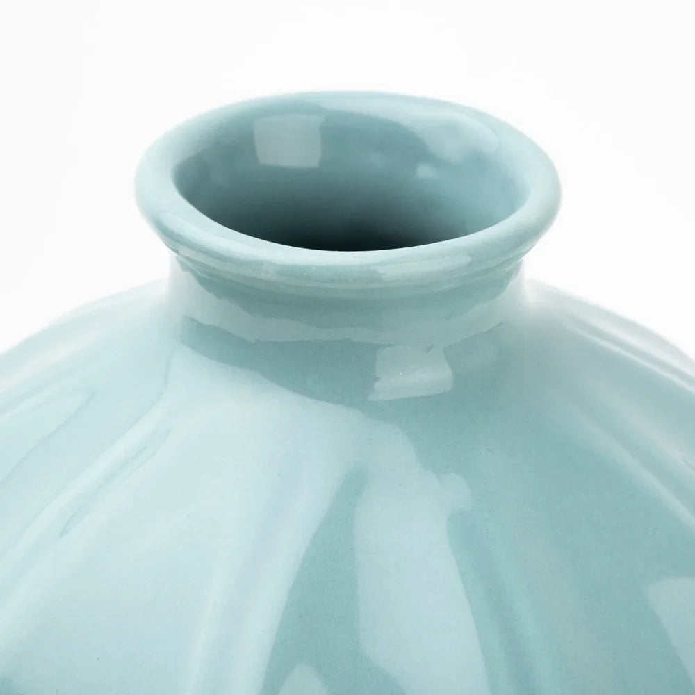 Blue Ceramic Oval Vase Ribbed