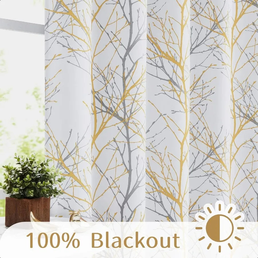 Blackout Yellow on White Tree Curtains