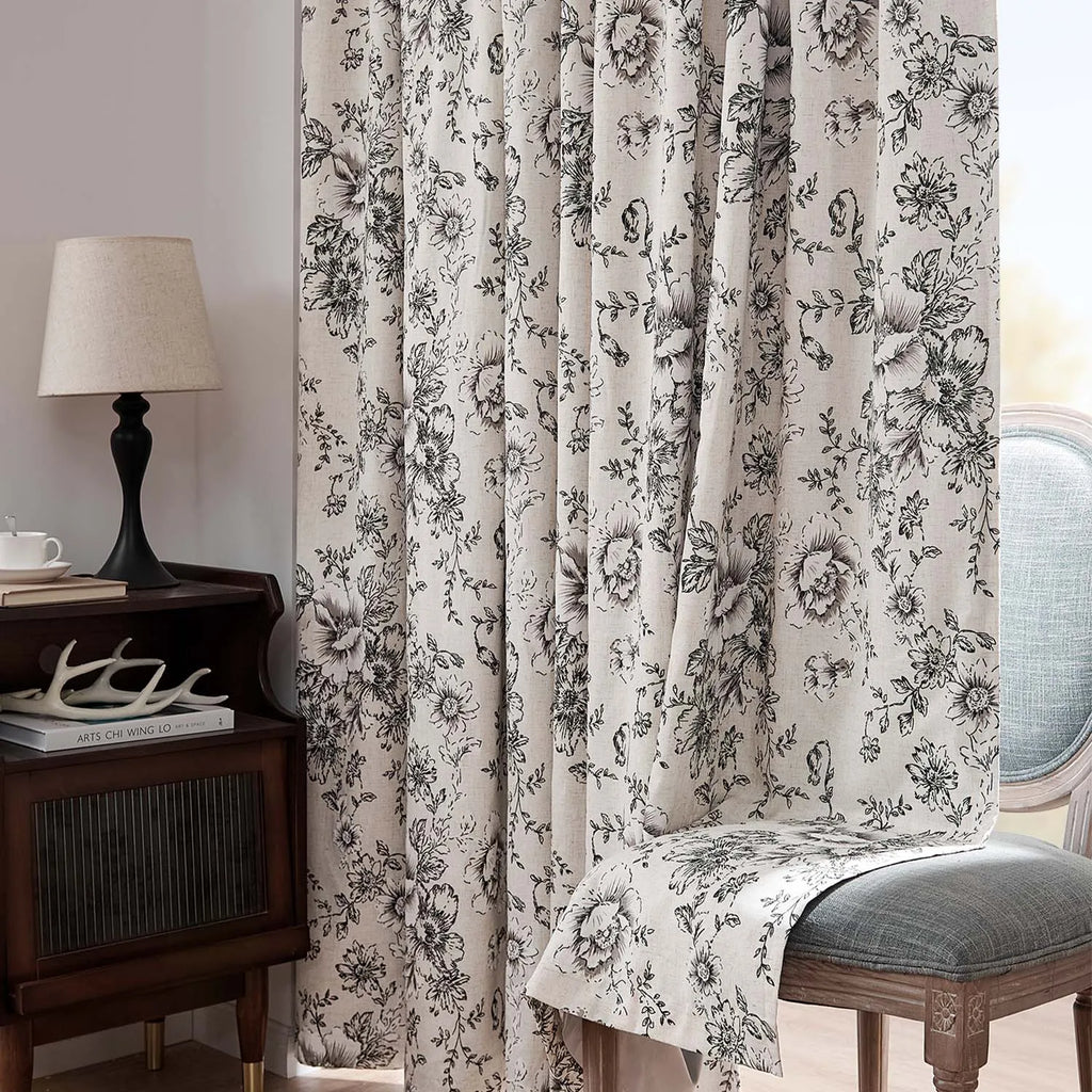 Linen Floral Curtain  2 Pc