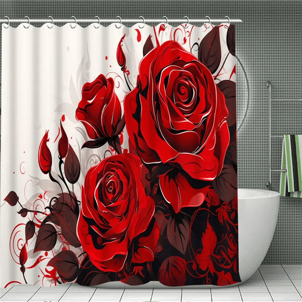 4pcs Red Rose Shower Curtain Set