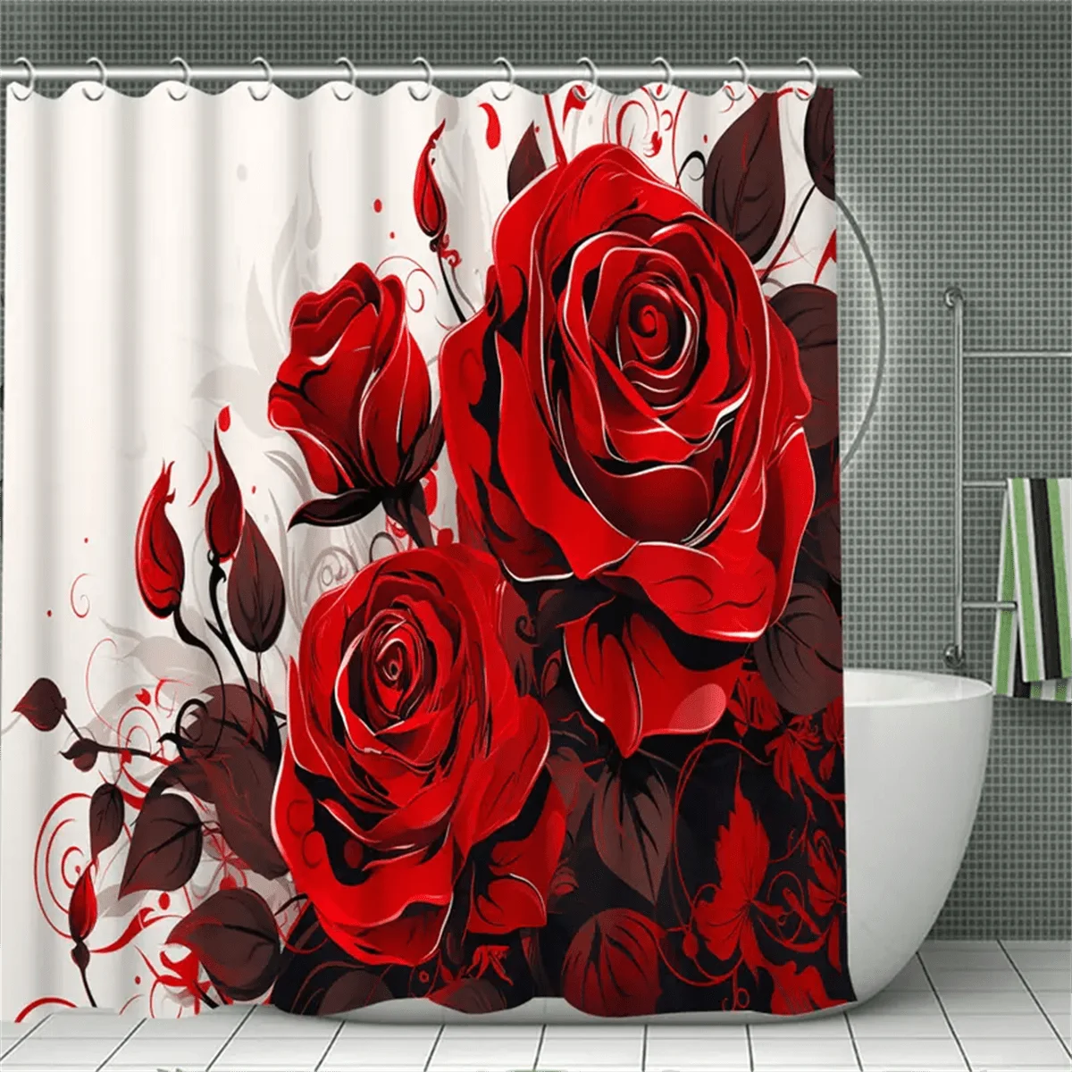 4pcs Red Rose Shower Curtain Set