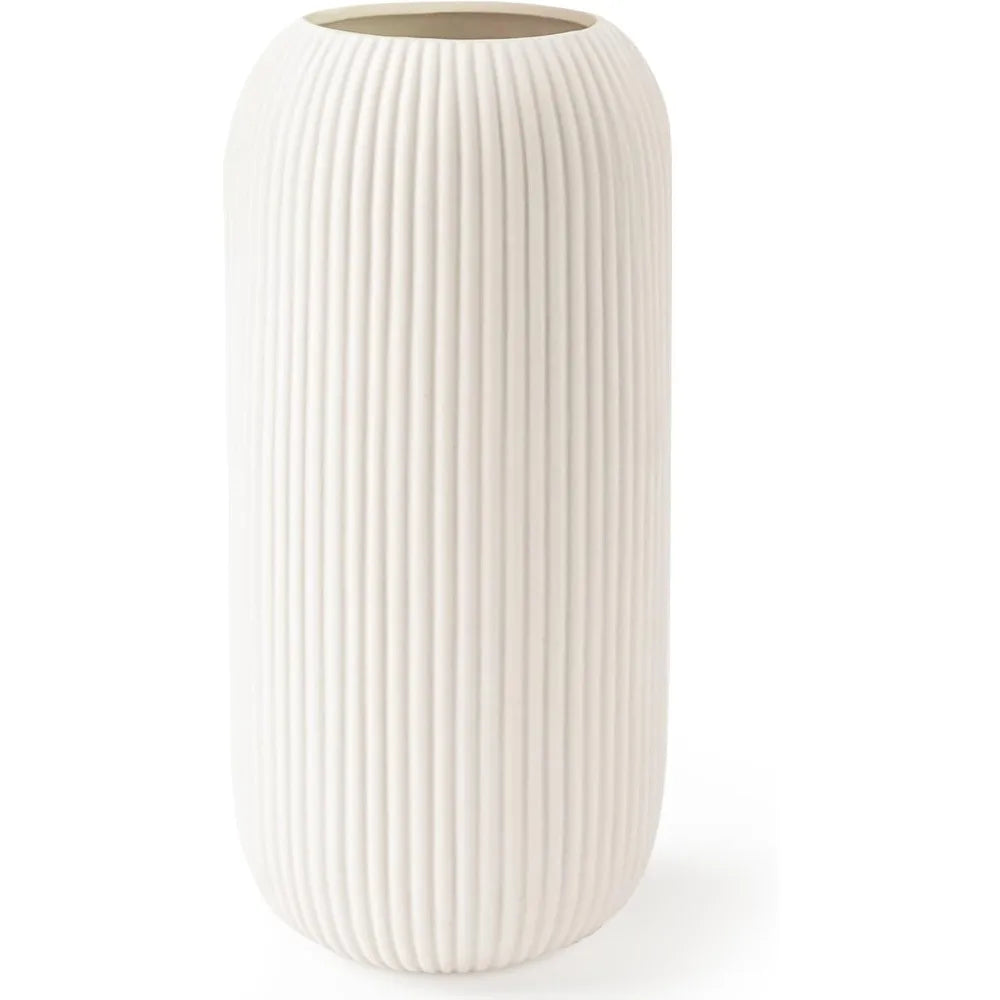 White Ceramic Vase, Rib Texture