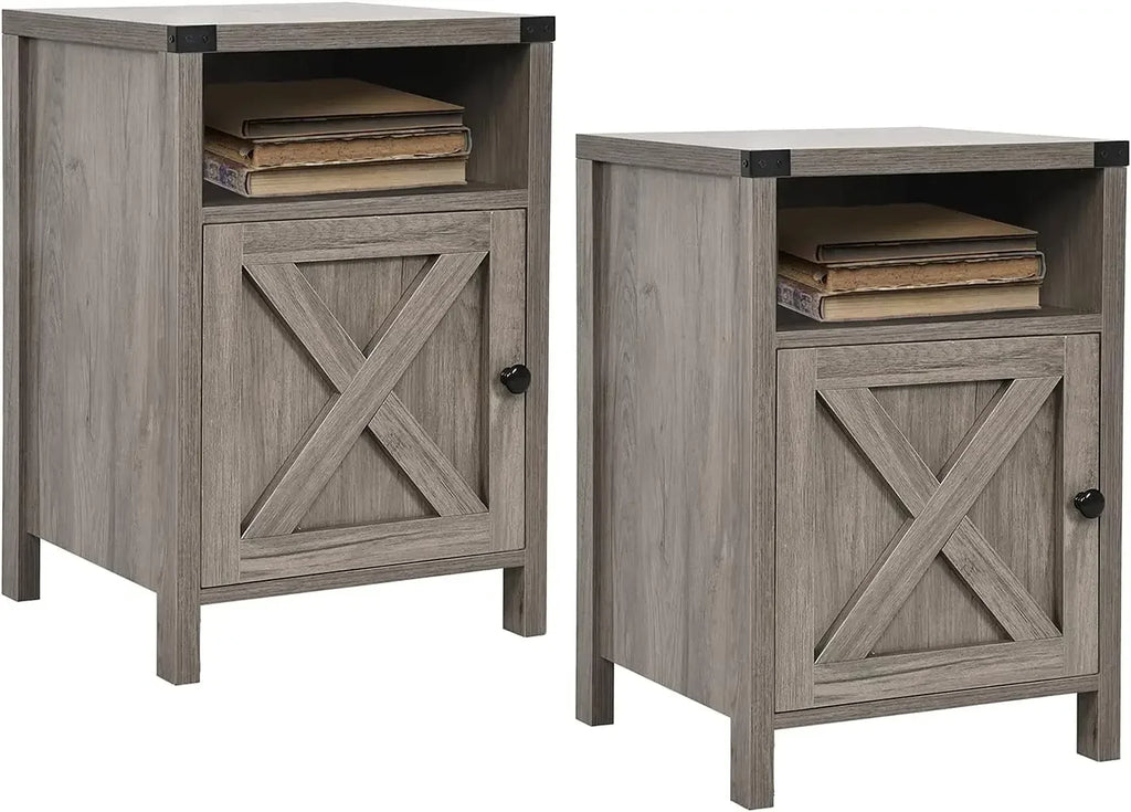 Set of 2 Nightstands with Barn Door