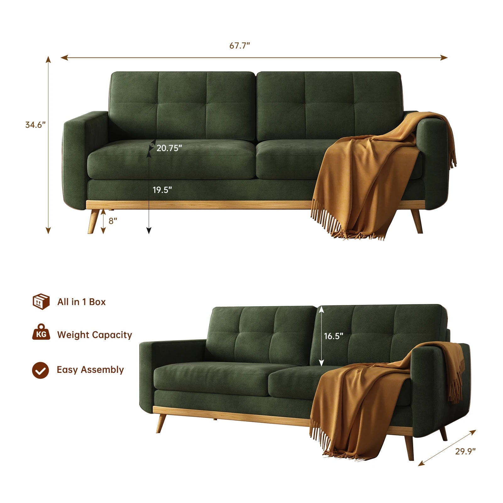 Loveseat Sofa w/Wooden Legs