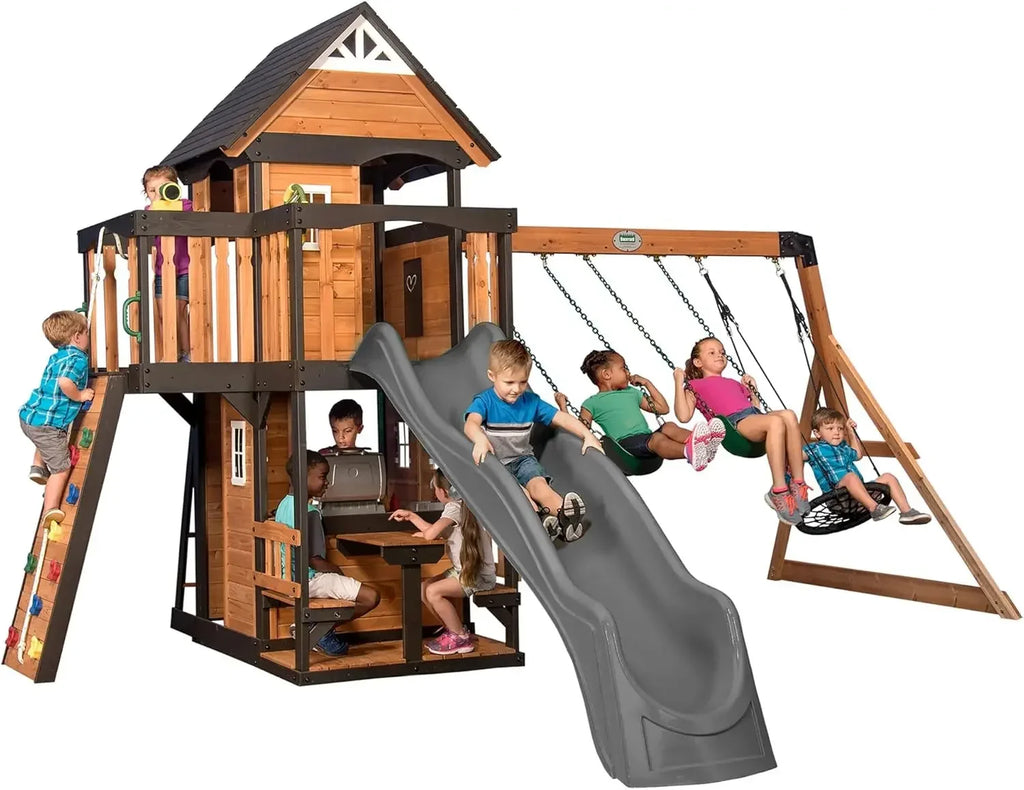 Cedar Wood Swing Set w/Wave Slide
