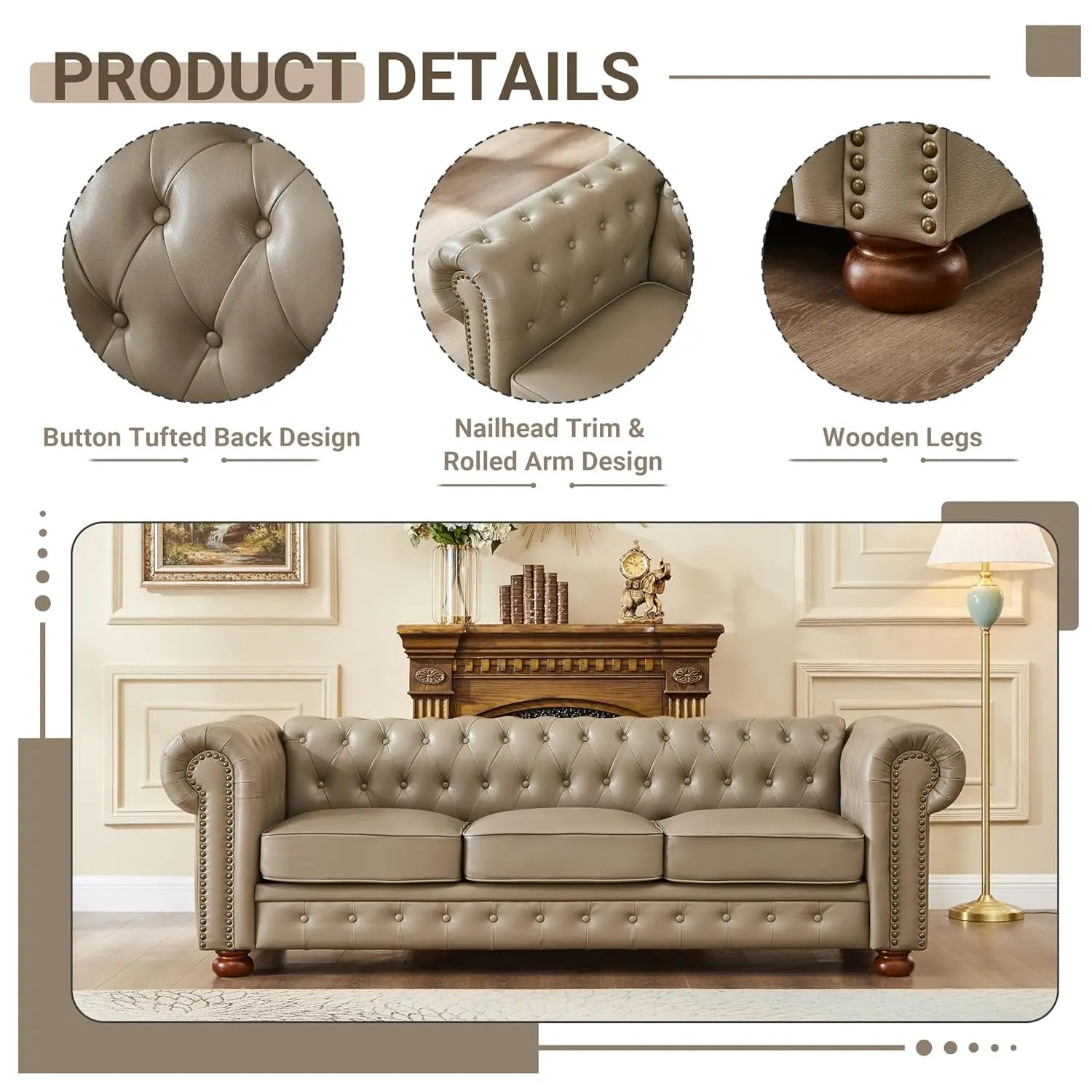 Leather Sofa with Nail head Trim