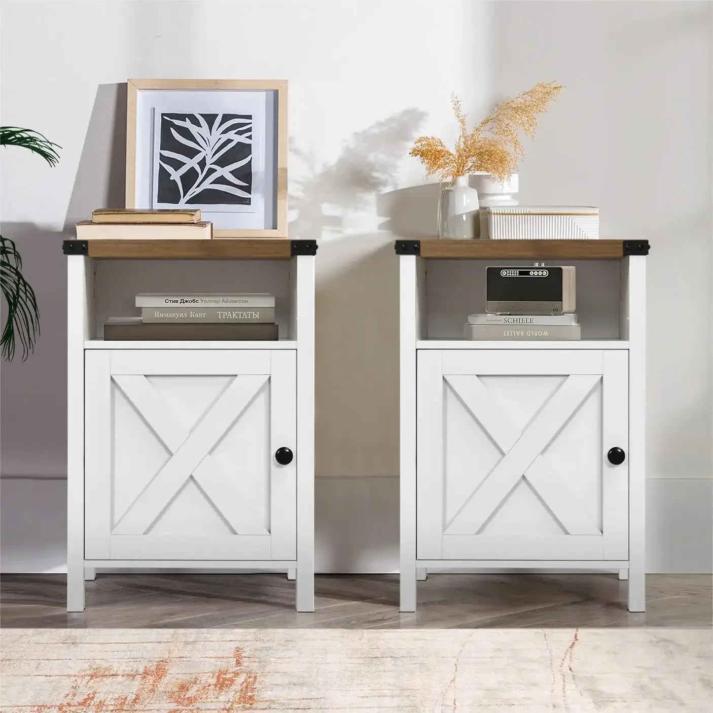 Set of 2 Nightstands with Barn Door
