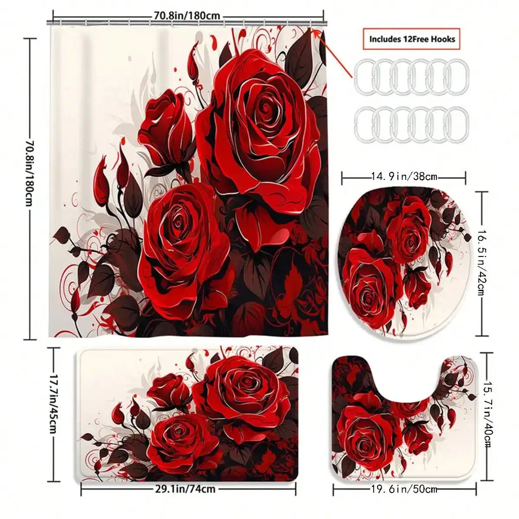 4pcs Red Rose Shower Curtain Set