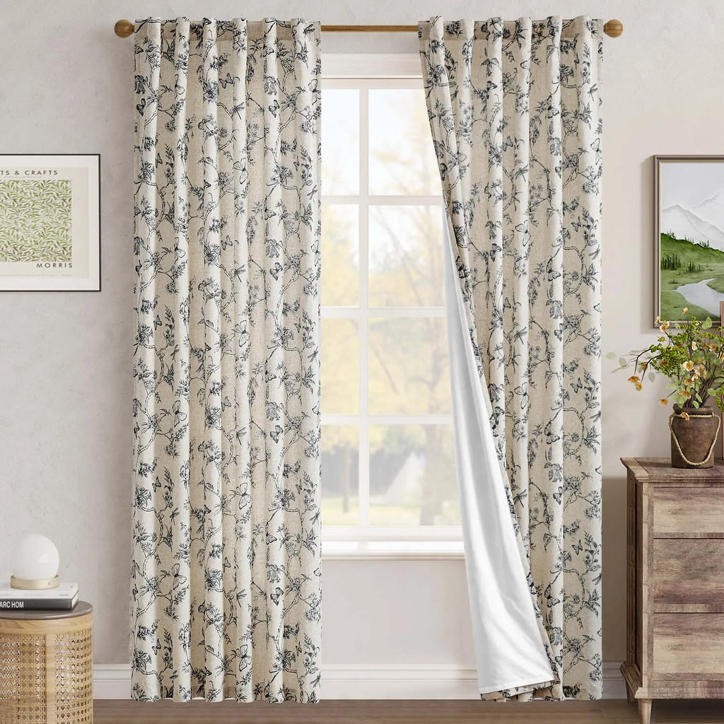 Linen Floral Curtain  2 Pc