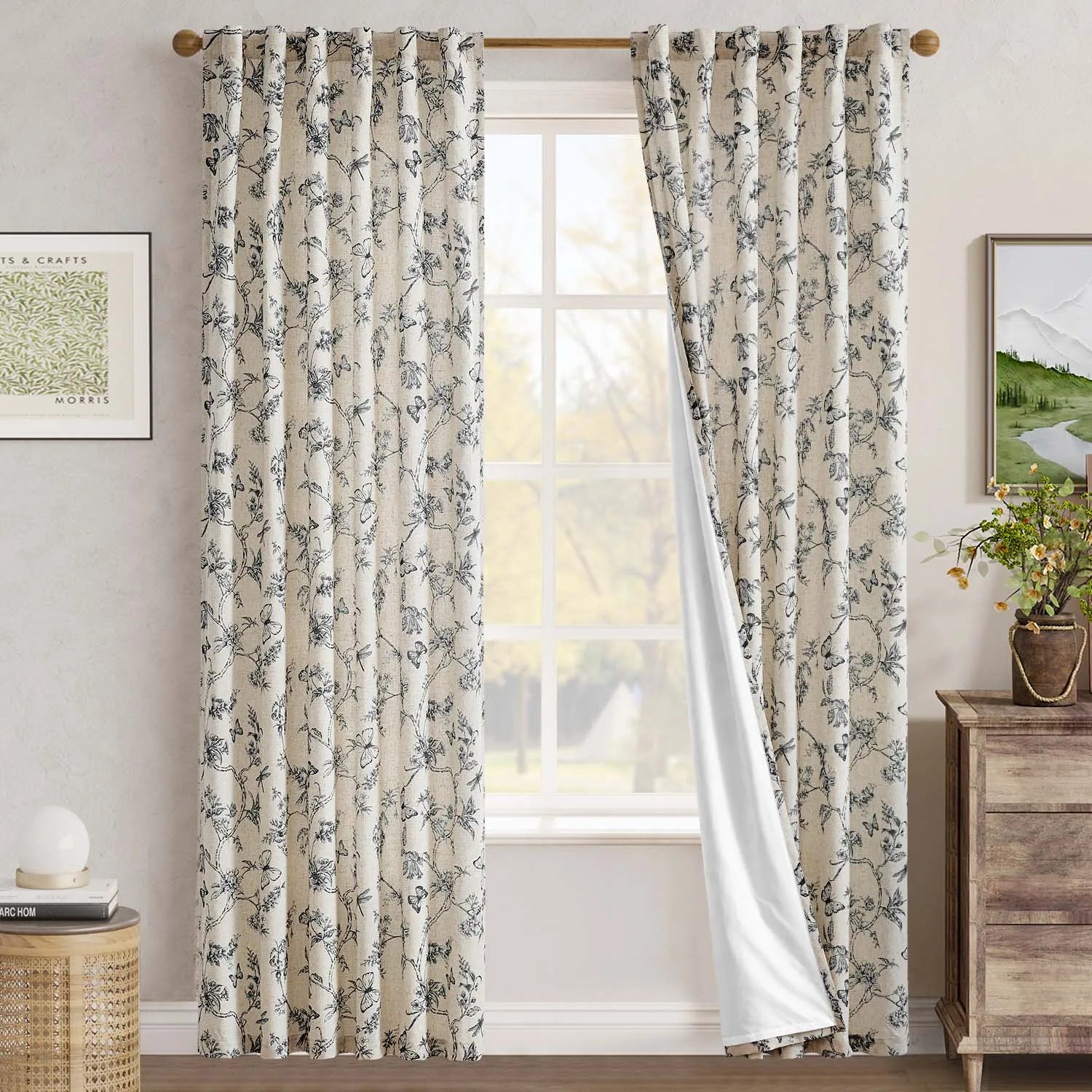 Linen Floral Curtain  2 Pc
