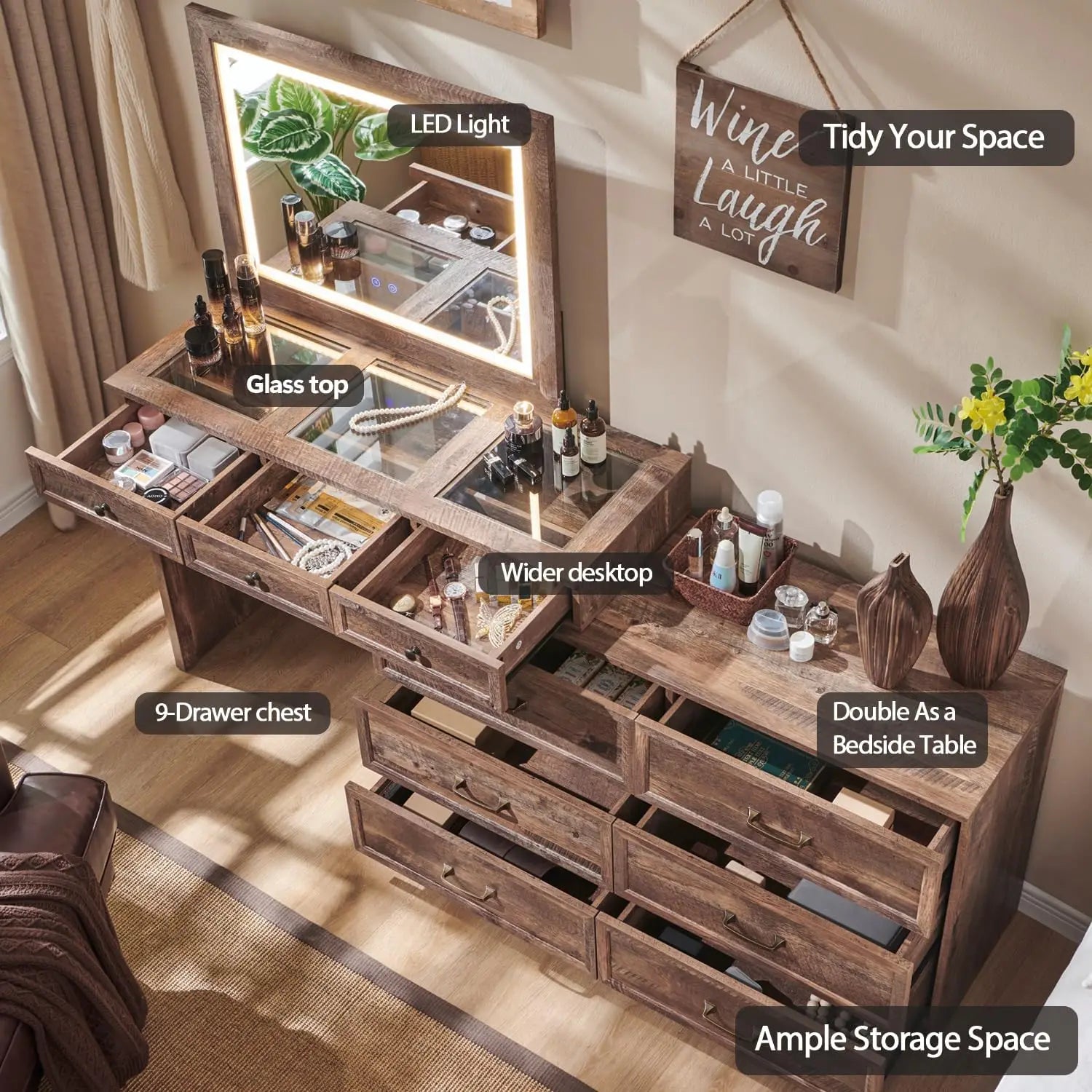 wood bedroom dresser w/glass Top