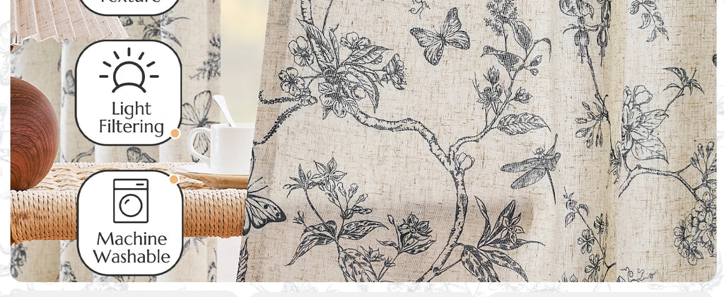 Linen Floral Curtain  2 Pc