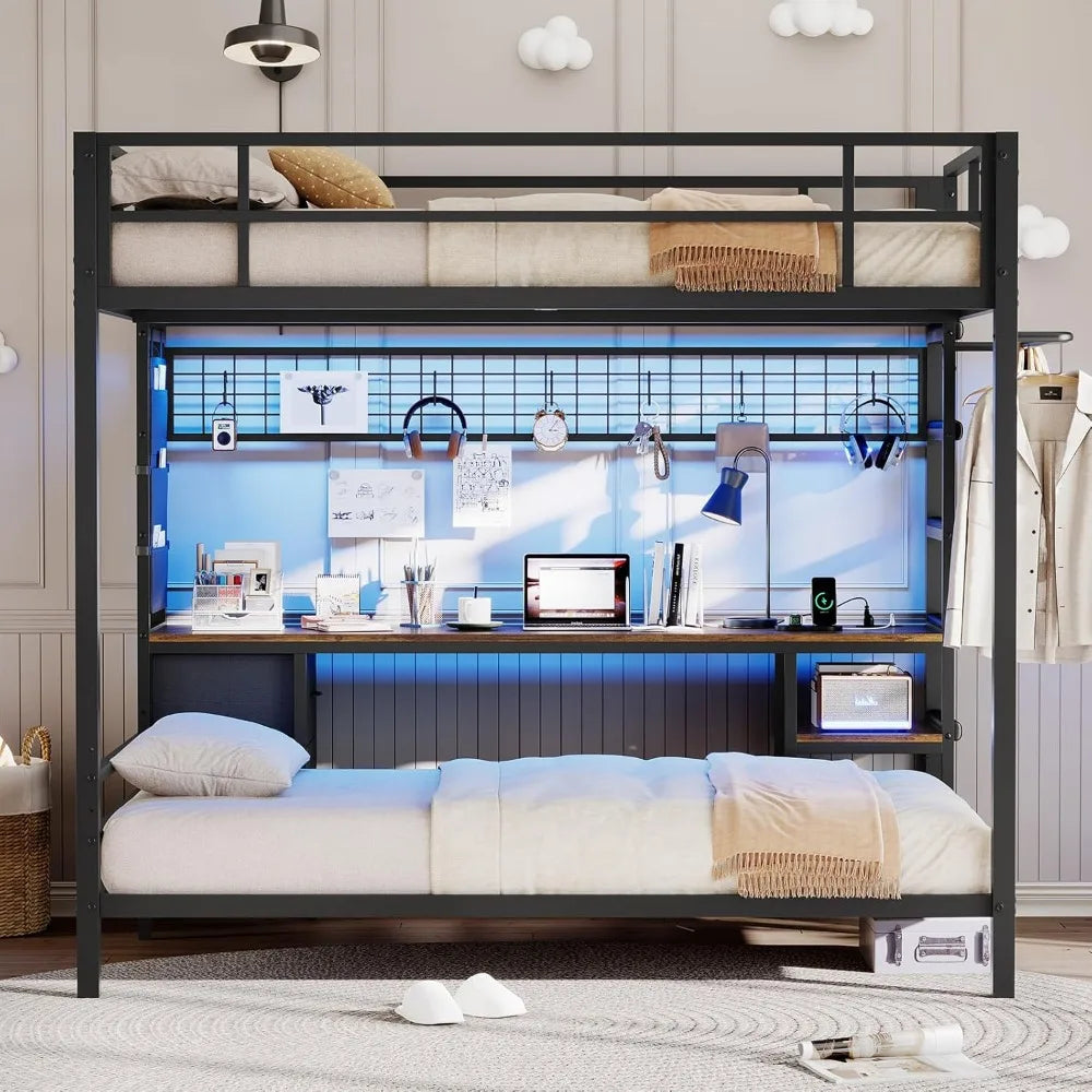 Metal Loft Bed with Desk Led Lights