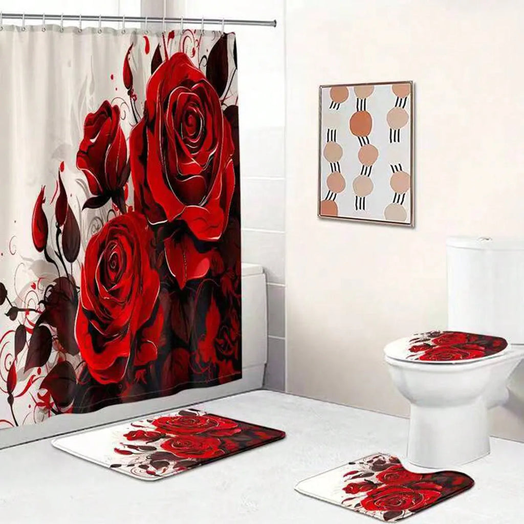 4pcs Red Rose Shower Curtain Set