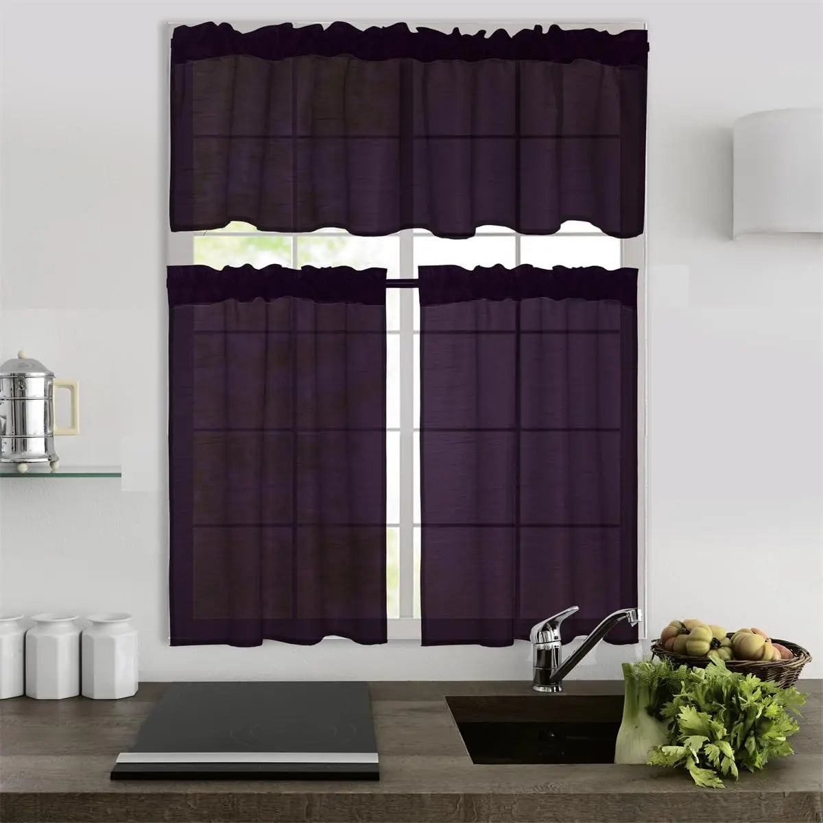 3 Pc Gold Rod Pocket Sheer Curtains