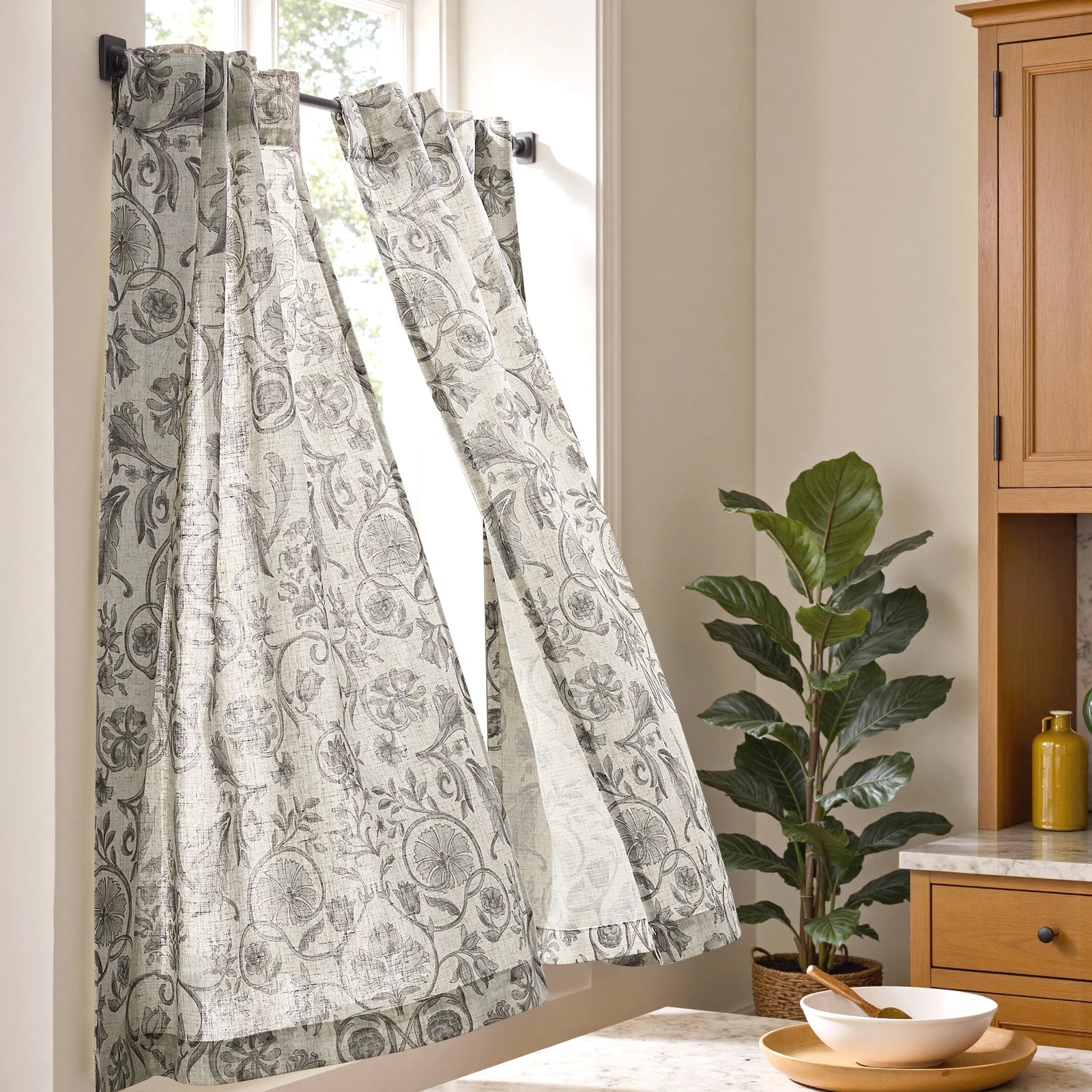 Linen Floral Curtain Set for Kitchen