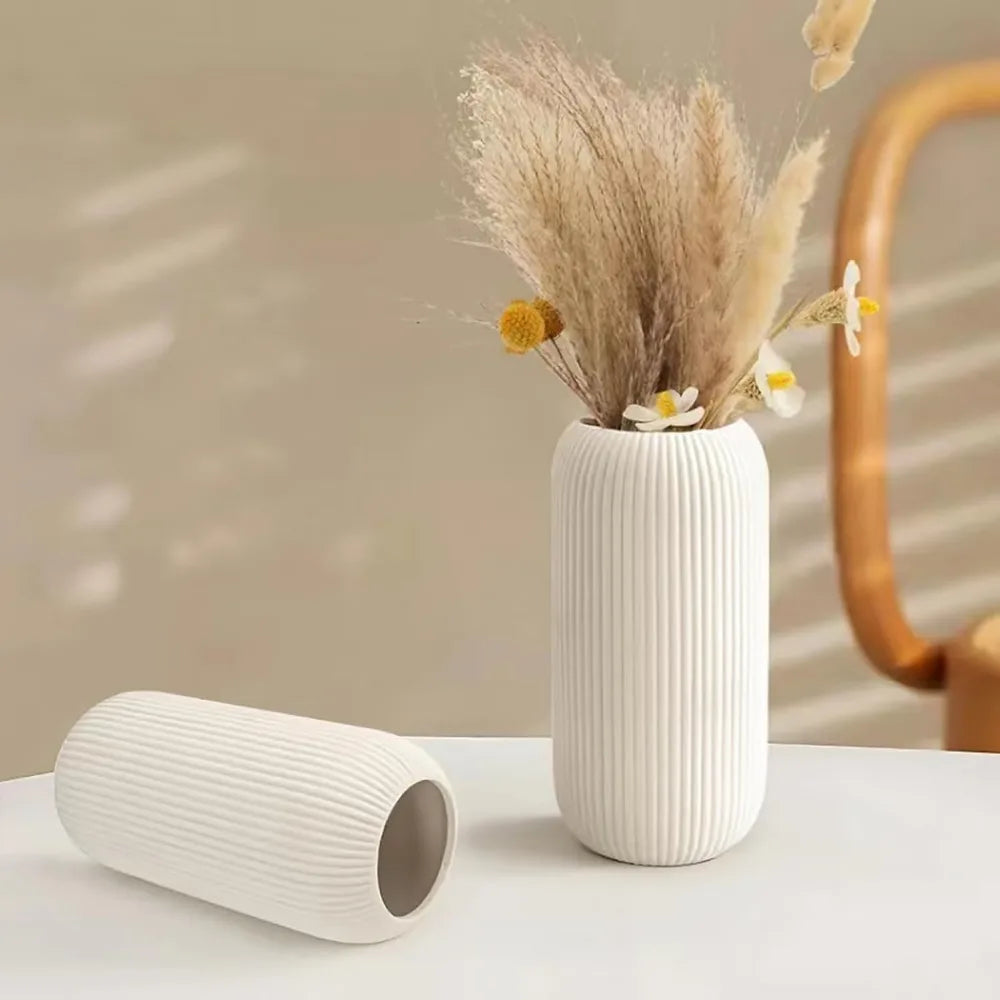 White Ceramic Vase, Rib Texture