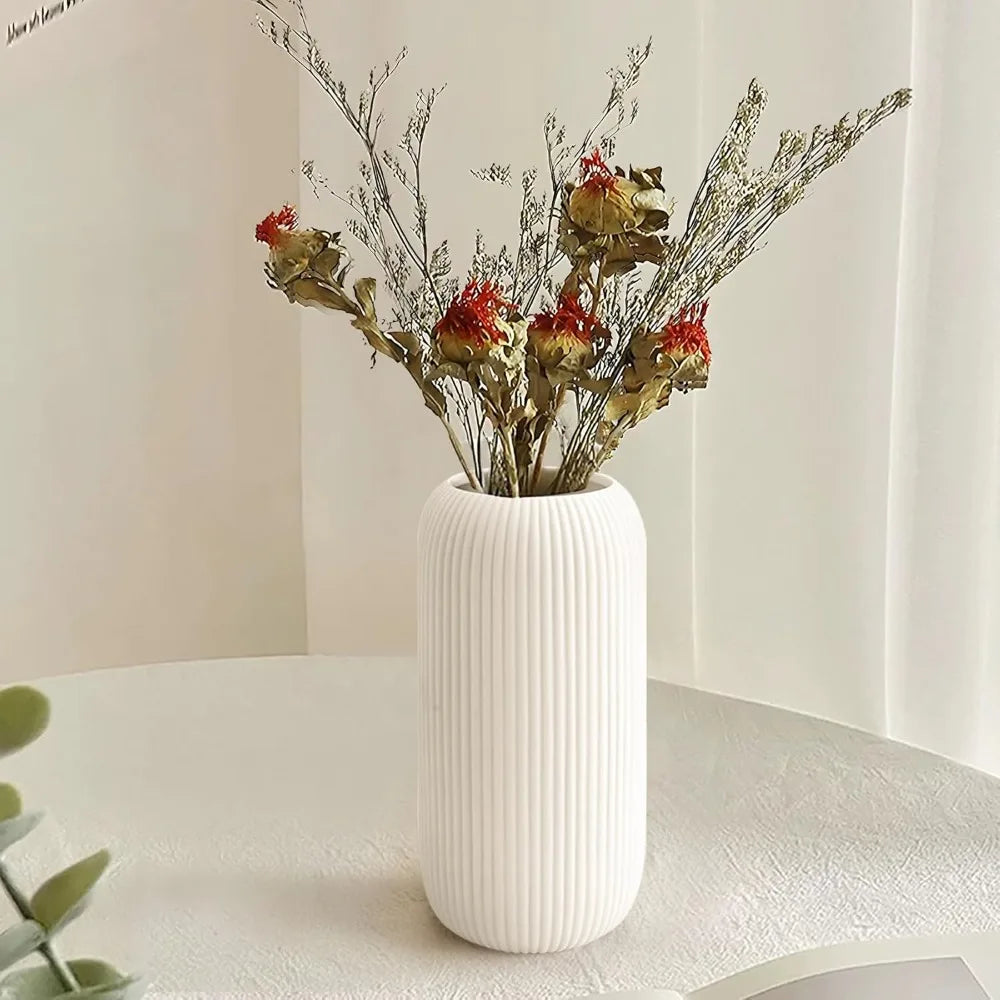 White Ceramic Vase, Rib Texture