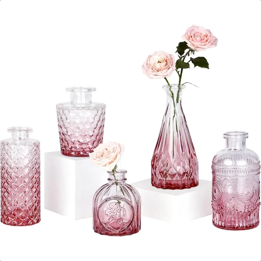 Pink Glass Bud Vase Set of 5