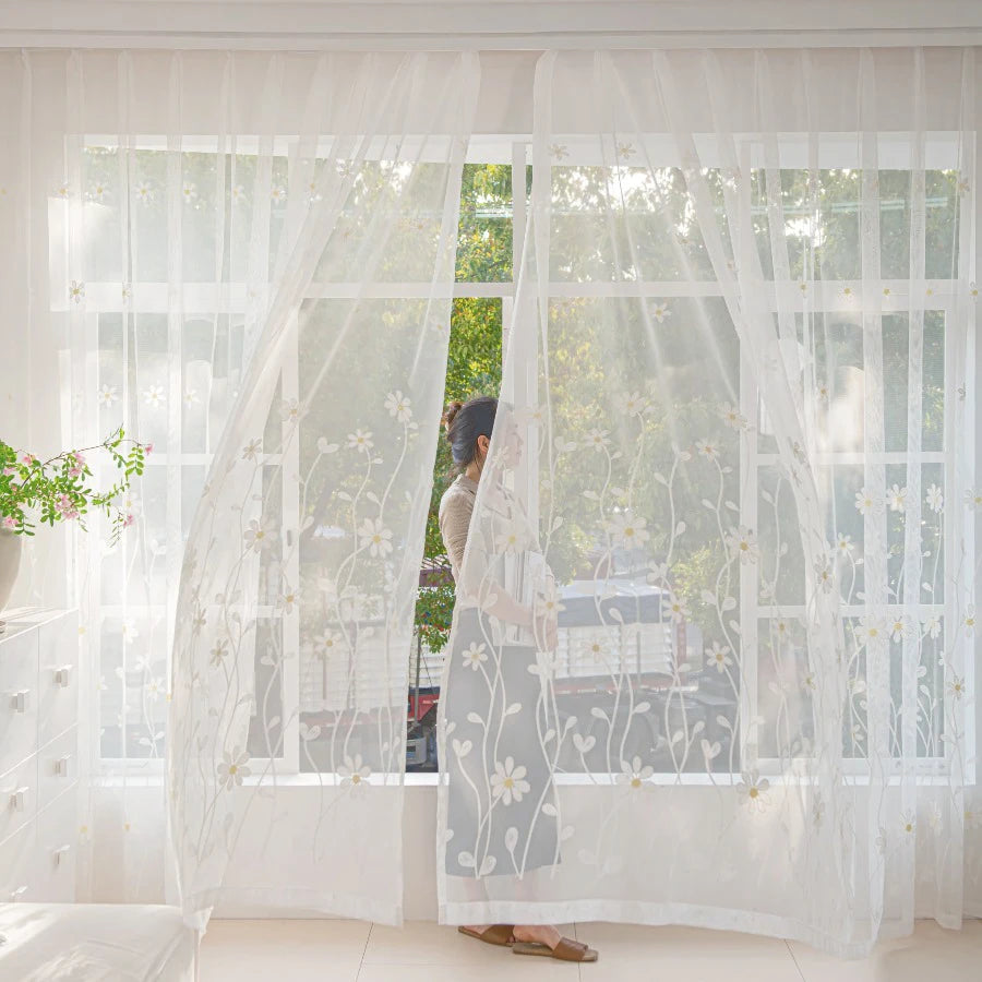 2PC Embroider Flower Curtains