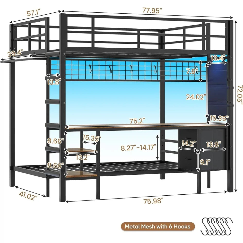 Metal Loft Bed with Desk Led Lights