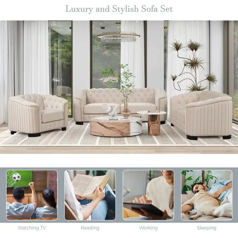 3-Pc Sofa Set w/Wood Legs