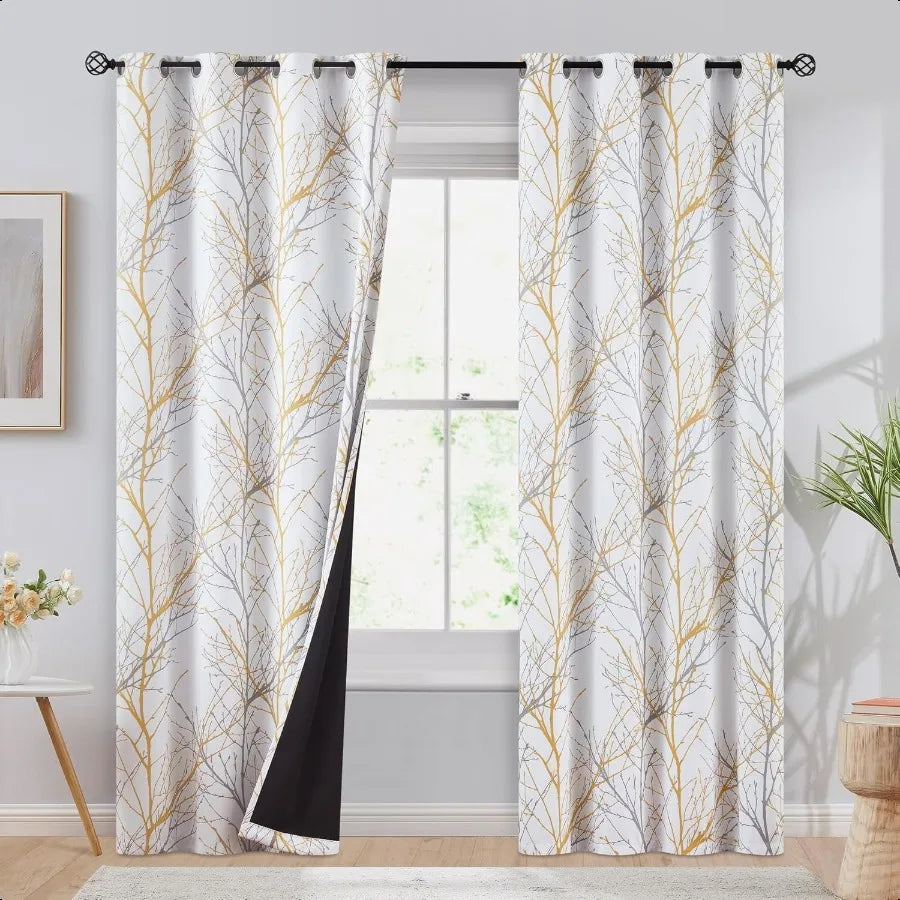 Blackout Yellow on White Tree Curtains