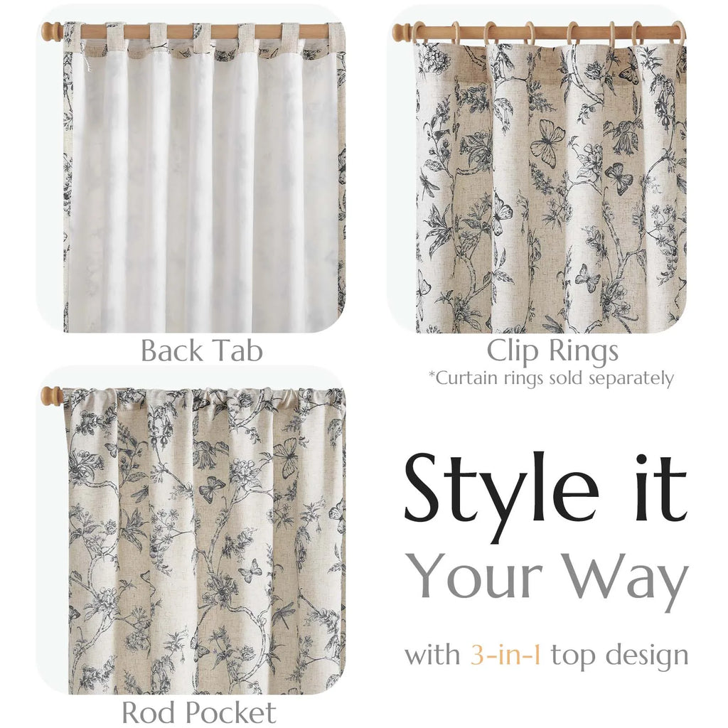 Linen Floral Curtain  2 Pc