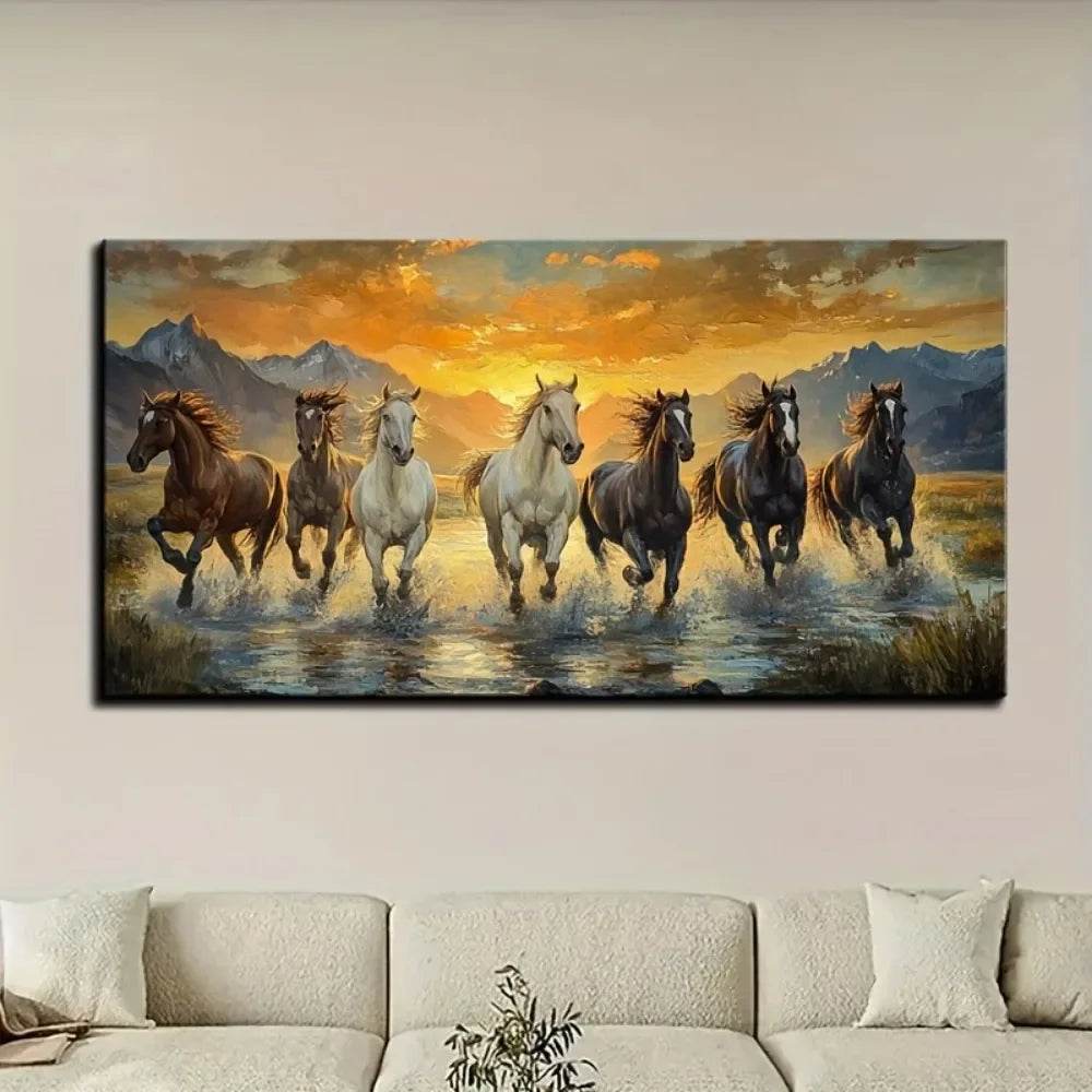 Seven horse wall art w/pine frame