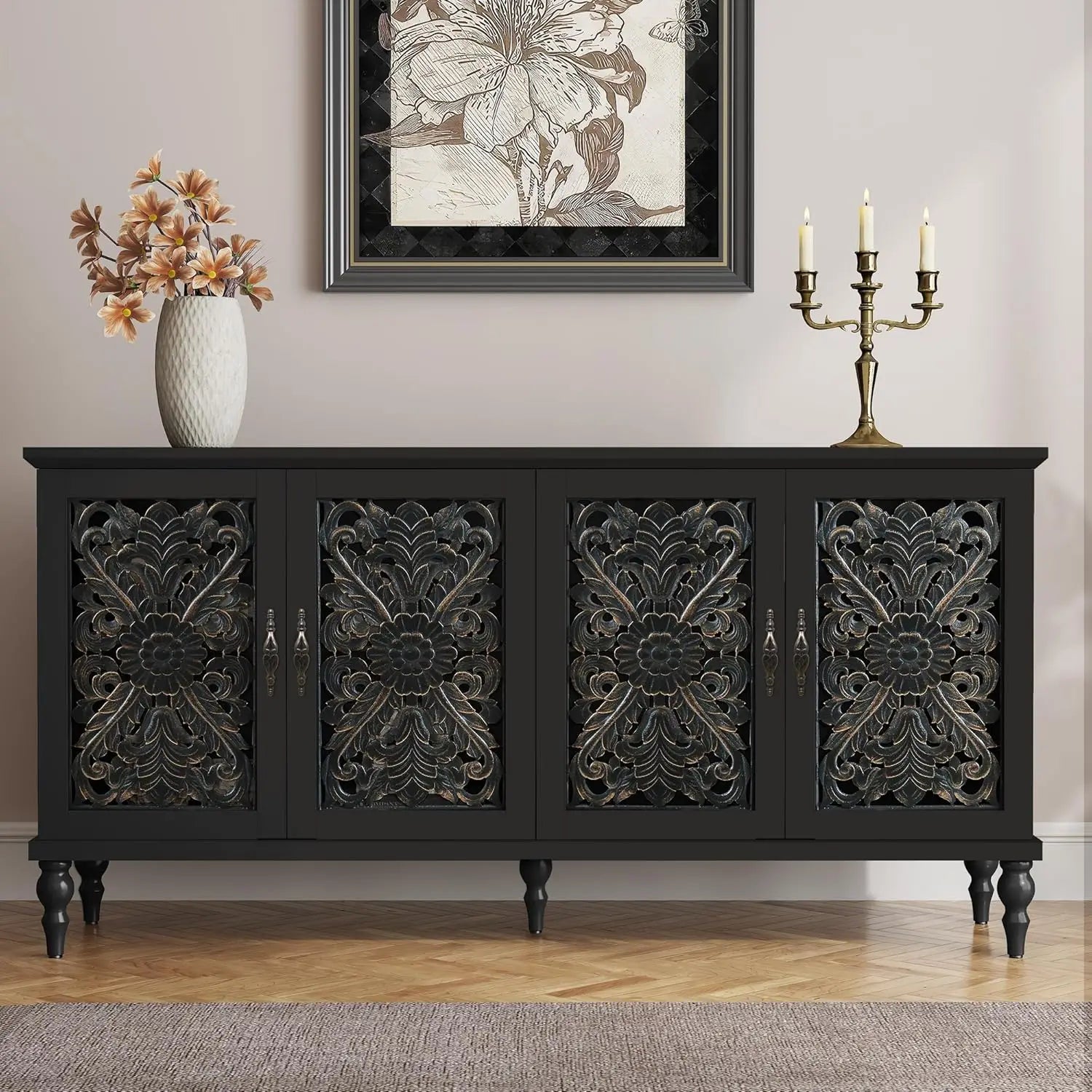 Hollow Carved Wood Accent Cabinet