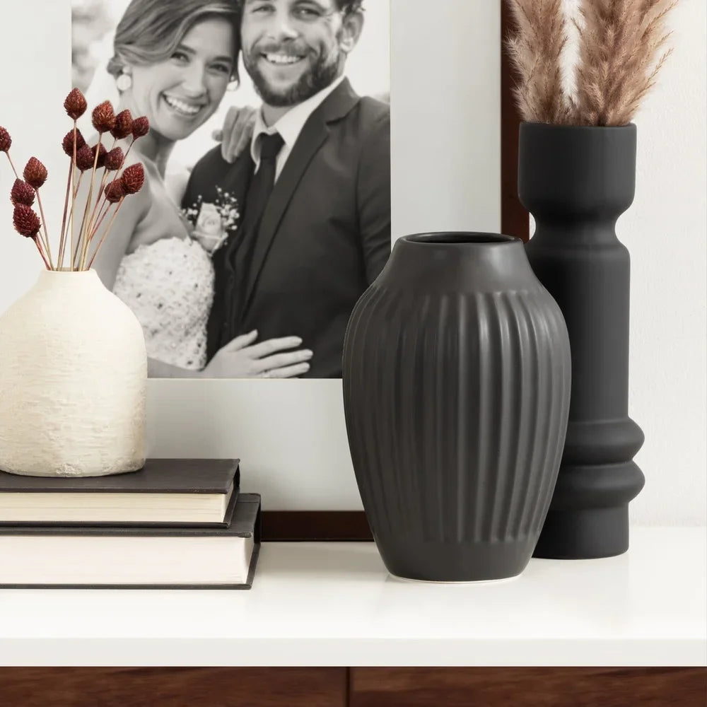 Ribbed Matte Black Curved Vase