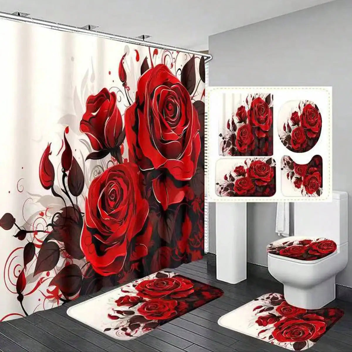 4pcs Red Rose Shower Curtain Set