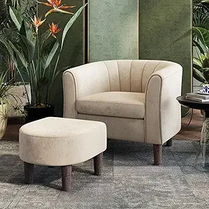 Chenille Barrel Chair w/Foot Rest