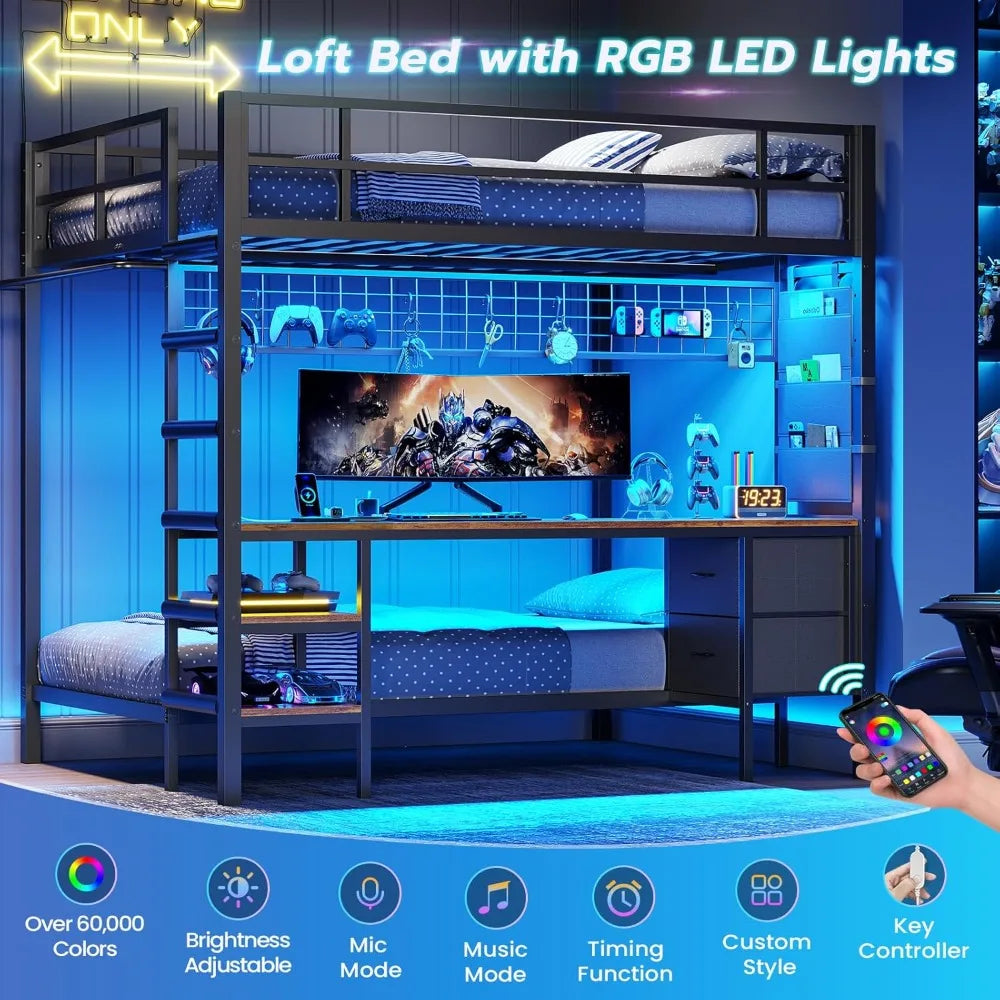 Metal Loft Bed with Desk Led Lights