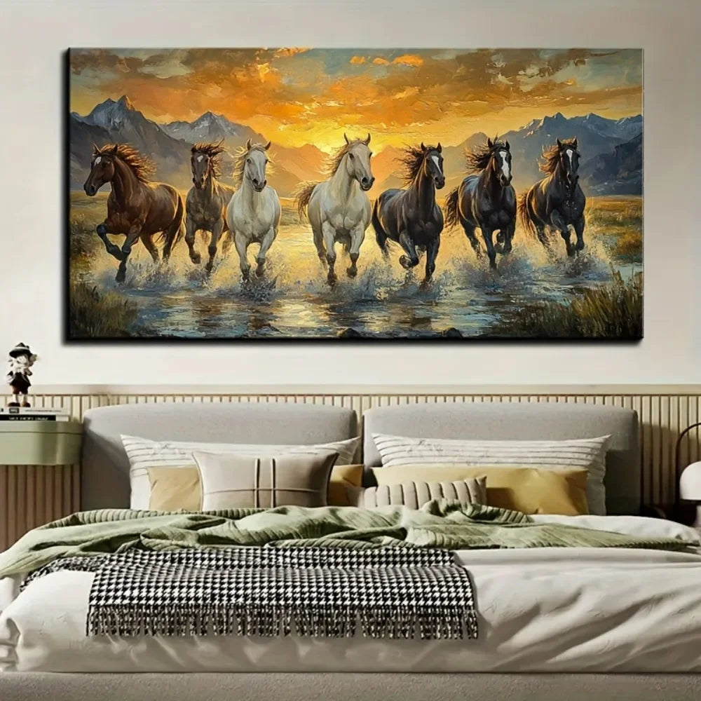 Seven horse wall art w/pine frame