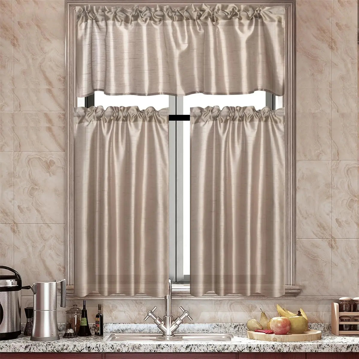 3 Pc Gold Rod Pocket Sheer Curtains