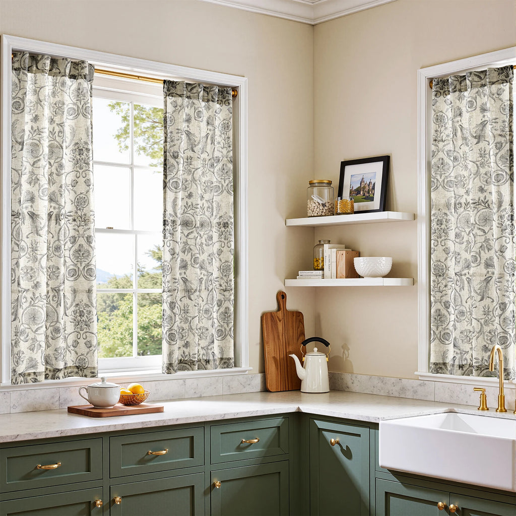 Linen Floral Curtain Set for Kitchen