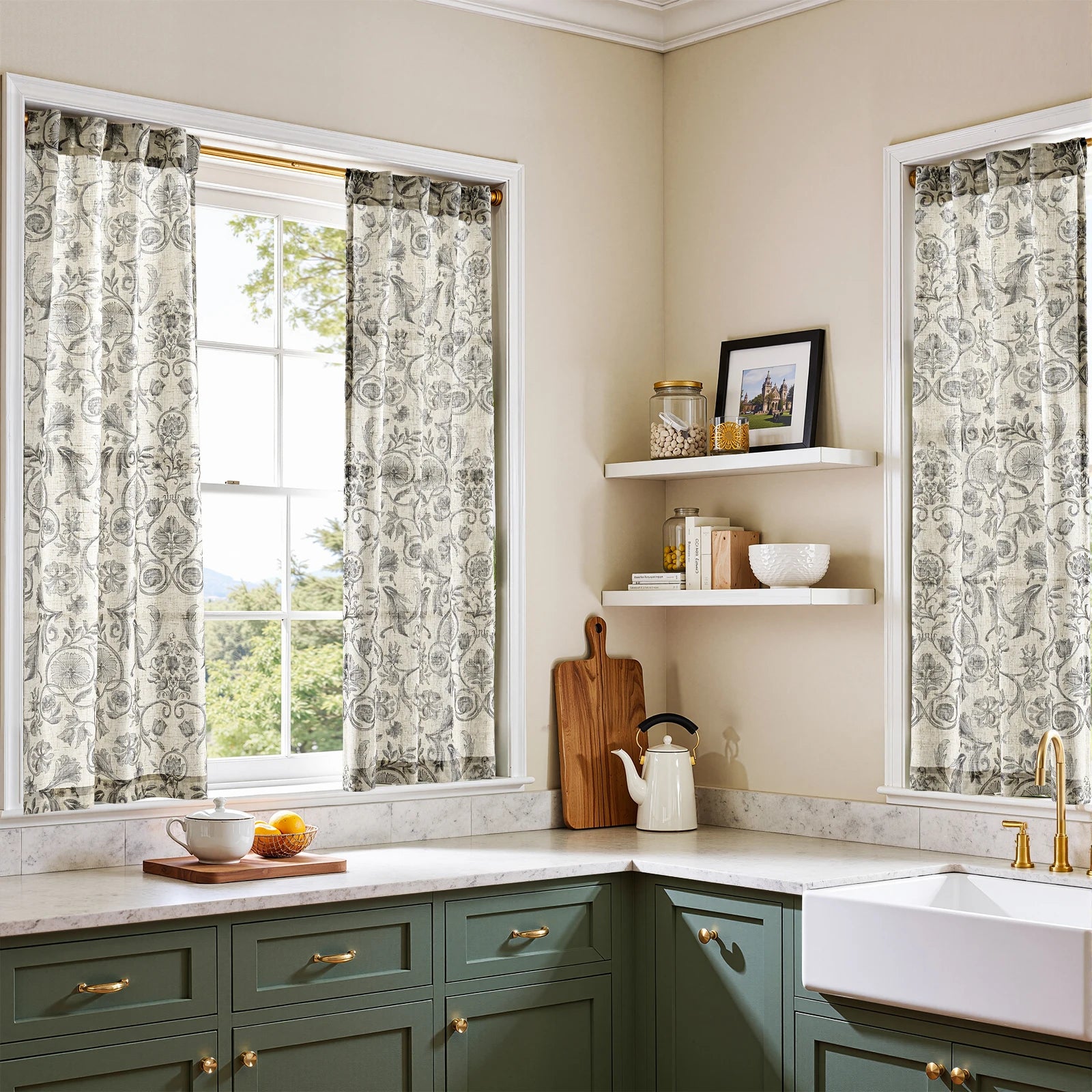 Linen Floral Curtain Set for Kitchen