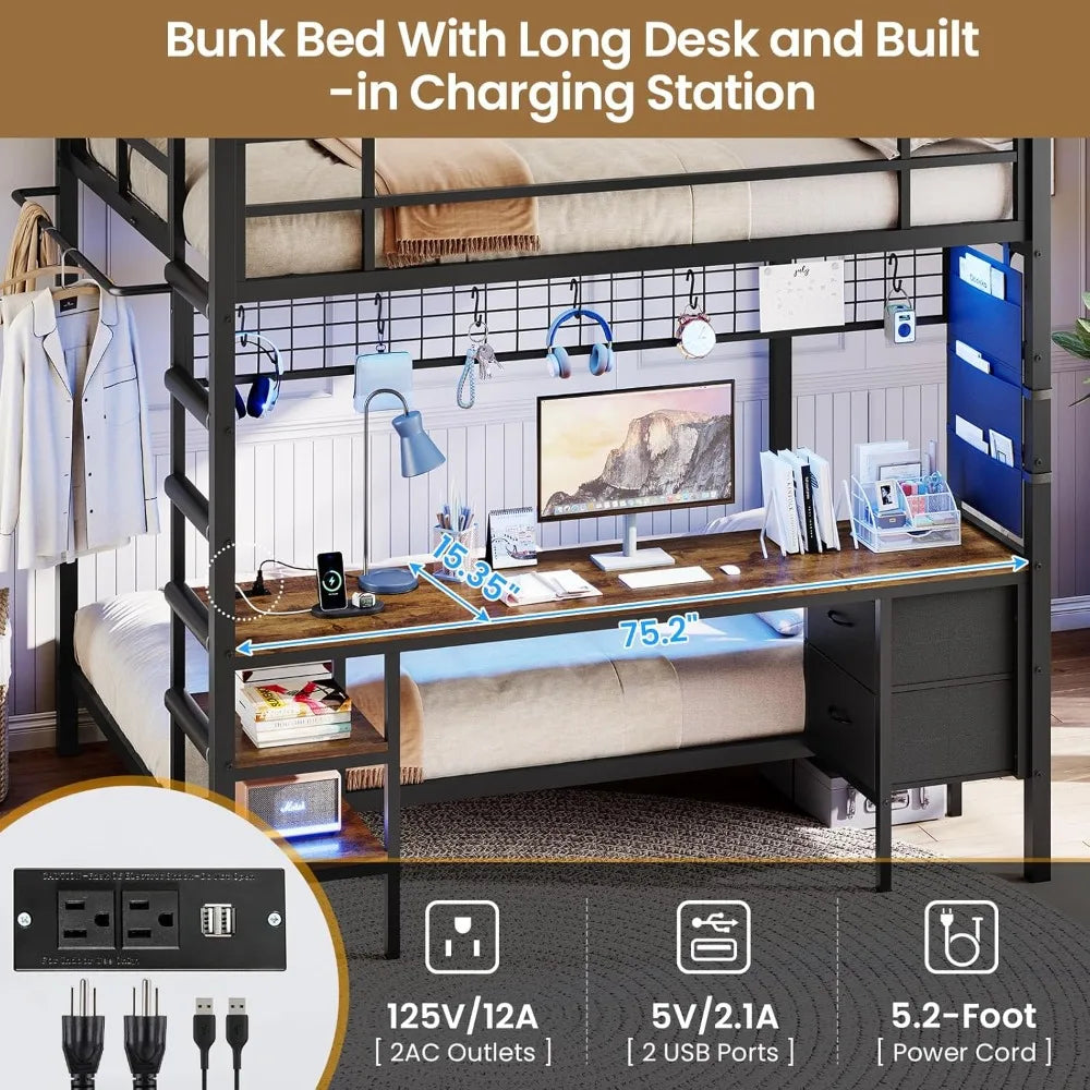 Metal Loft Bed with Desk Led Lights