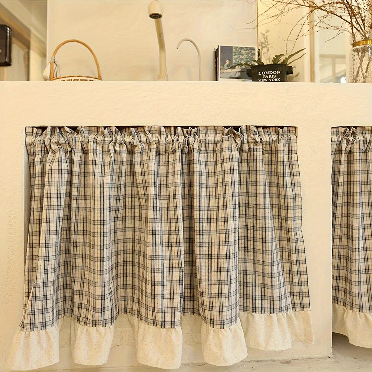 1Pc Linen Ruffled Short Curtain w/Rod