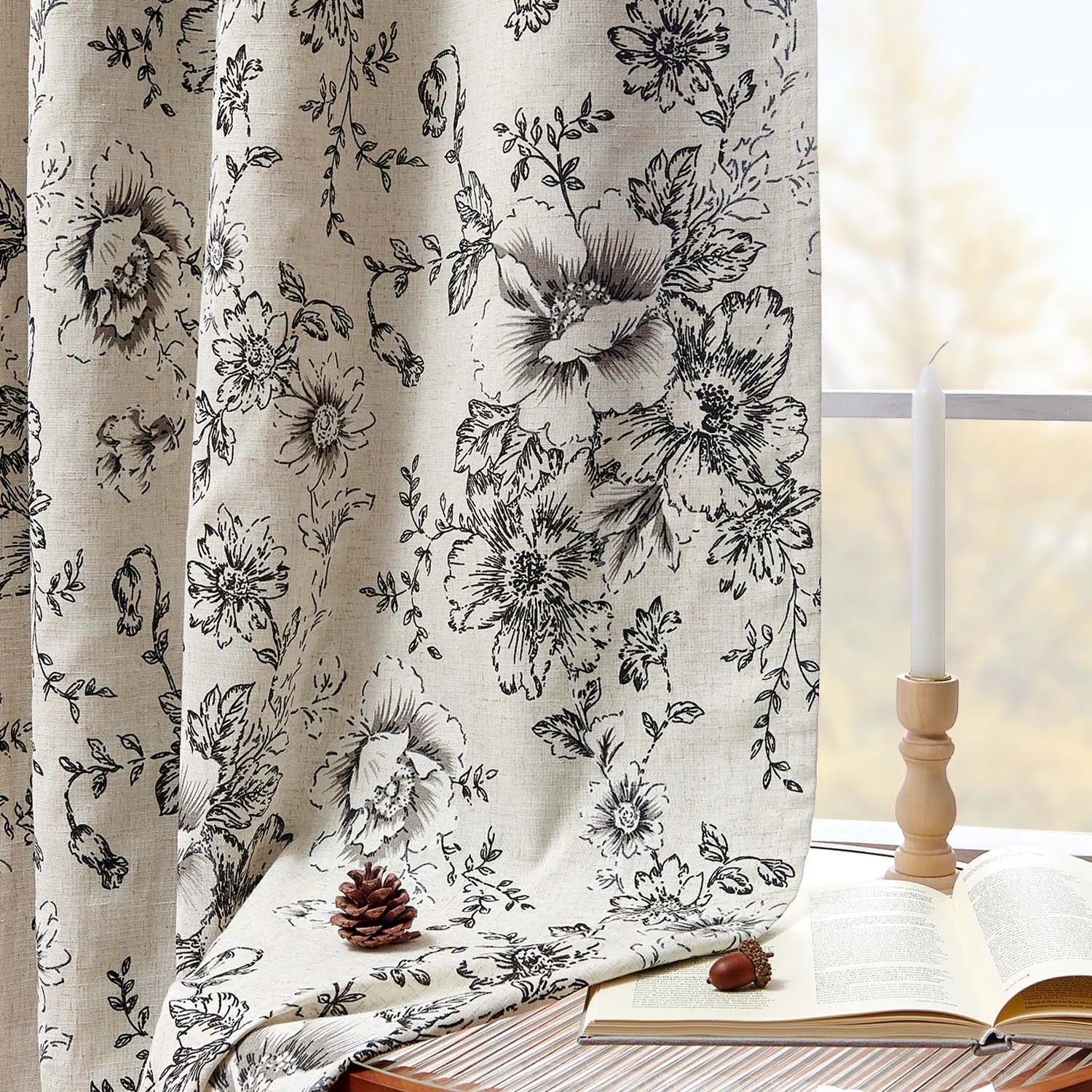 Linen Floral Curtain  2 Pc