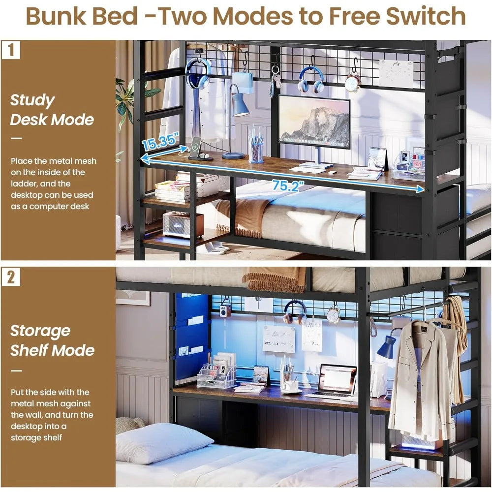 Metal Loft Bed with Desk Led Lights